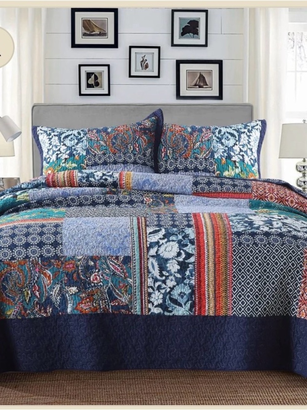 Floral Patchwork Quilted Bedspread Set - Navy Blue Multicolor